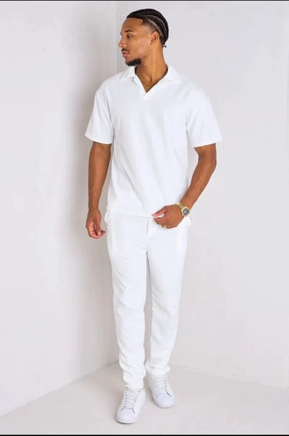Ribbed two-piece set: white polo collar top + pants