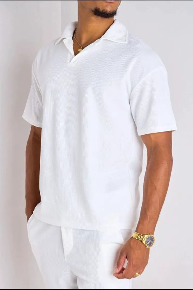 Ribbed two-piece set: white polo collar top + pants