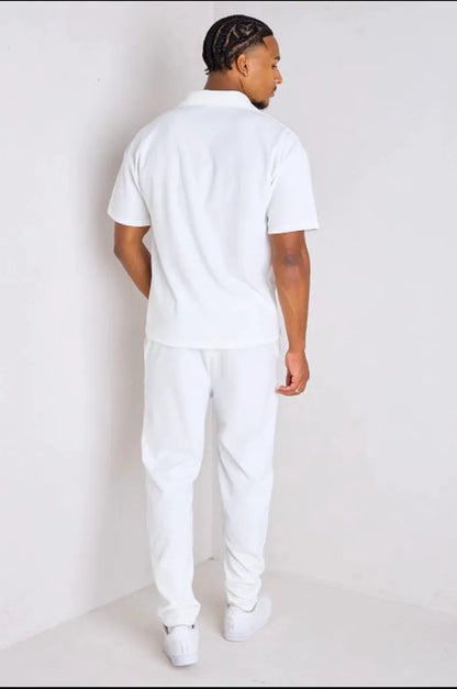 Ribbed two-piece set: white polo collar top + pants