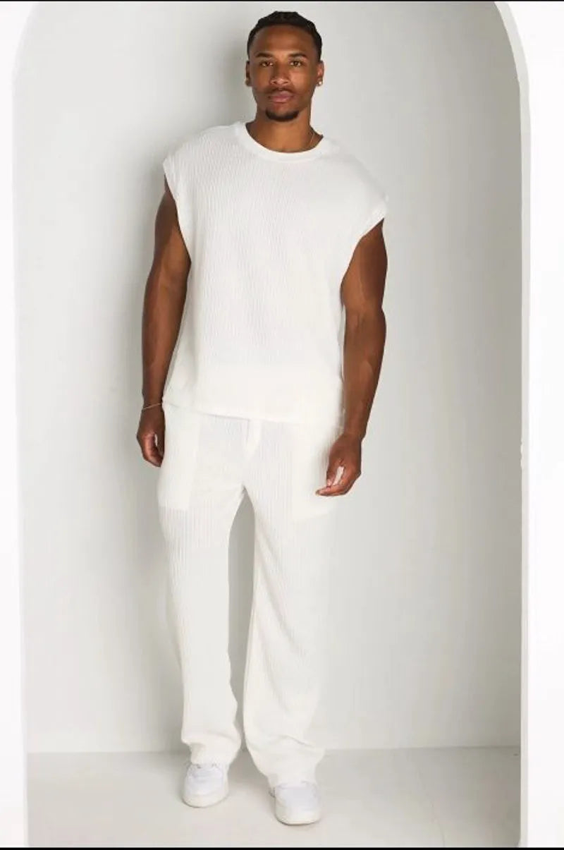 Ensemble 2 pièces : débardeur + pantalon en maille blanc