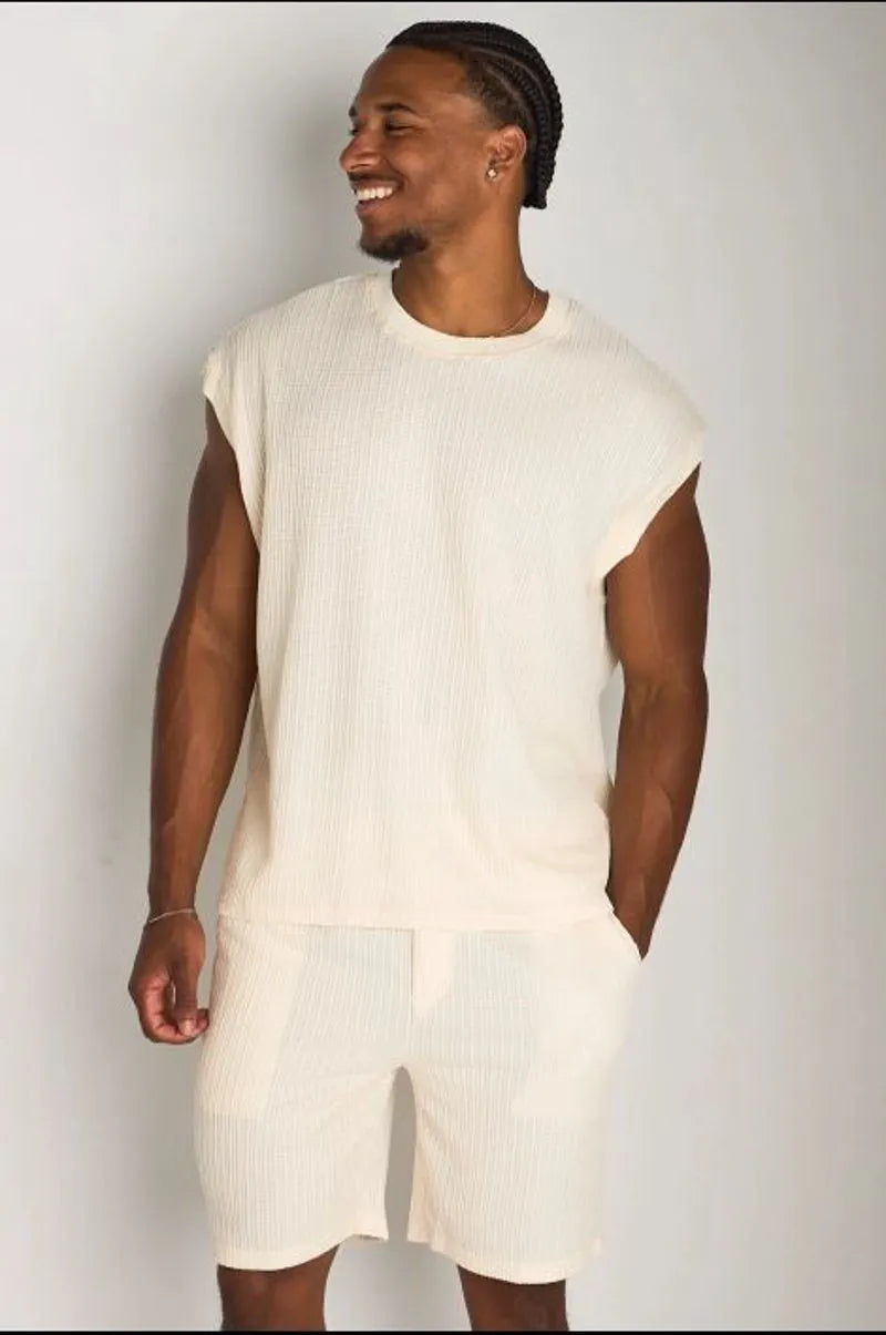Ensemble 2 pièces : débardeur  + short en maille beige