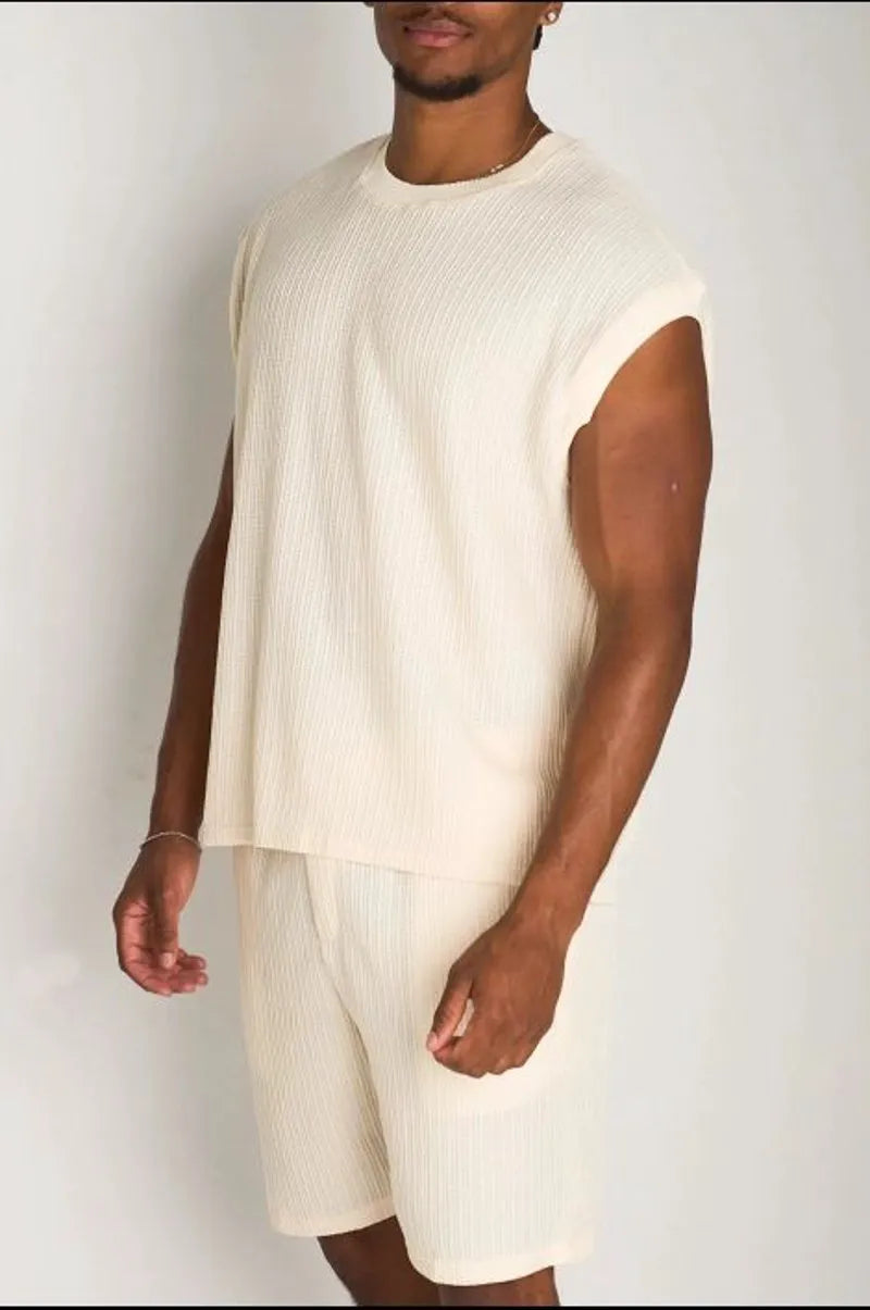 Ensemble 2 pièces : débardeur  + short en maille beige