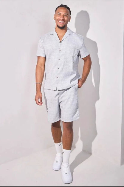 Two-piece linen-effect ensemble: grey shirt + shorts