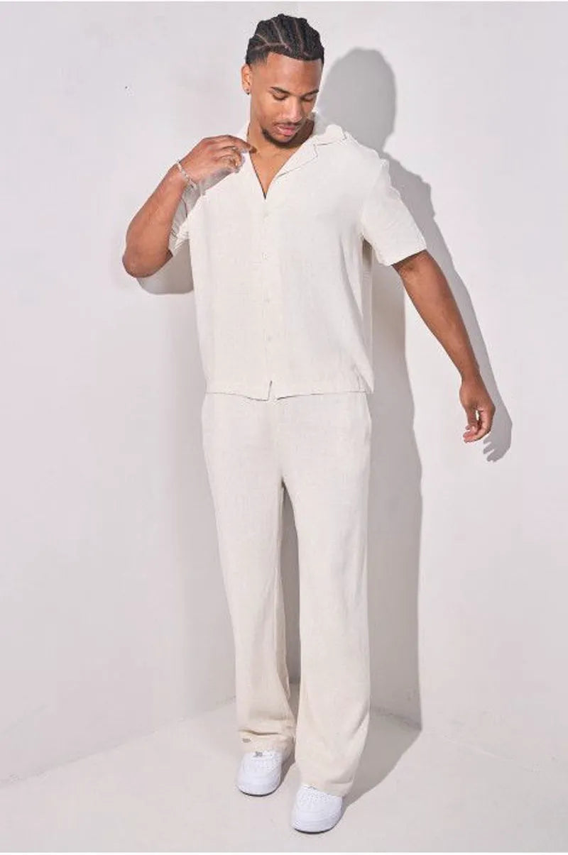 Two-piece linen set: beige shirt + trousers