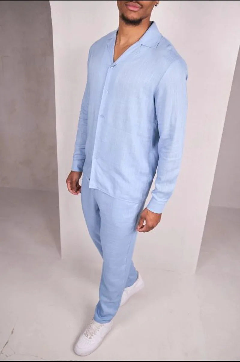 Two-piece linen set: blue shirt + trousers