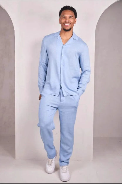 Two-piece linen set: blue shirt + trousers