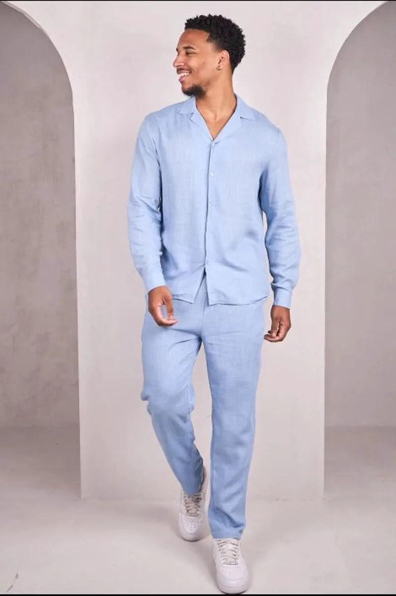 Two-piece linen set: blue shirt + trousers