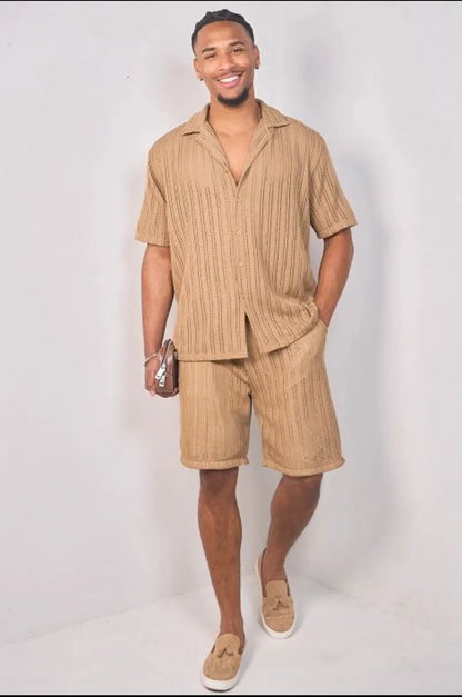 Two-piece knit set: brown shirt + shorts
