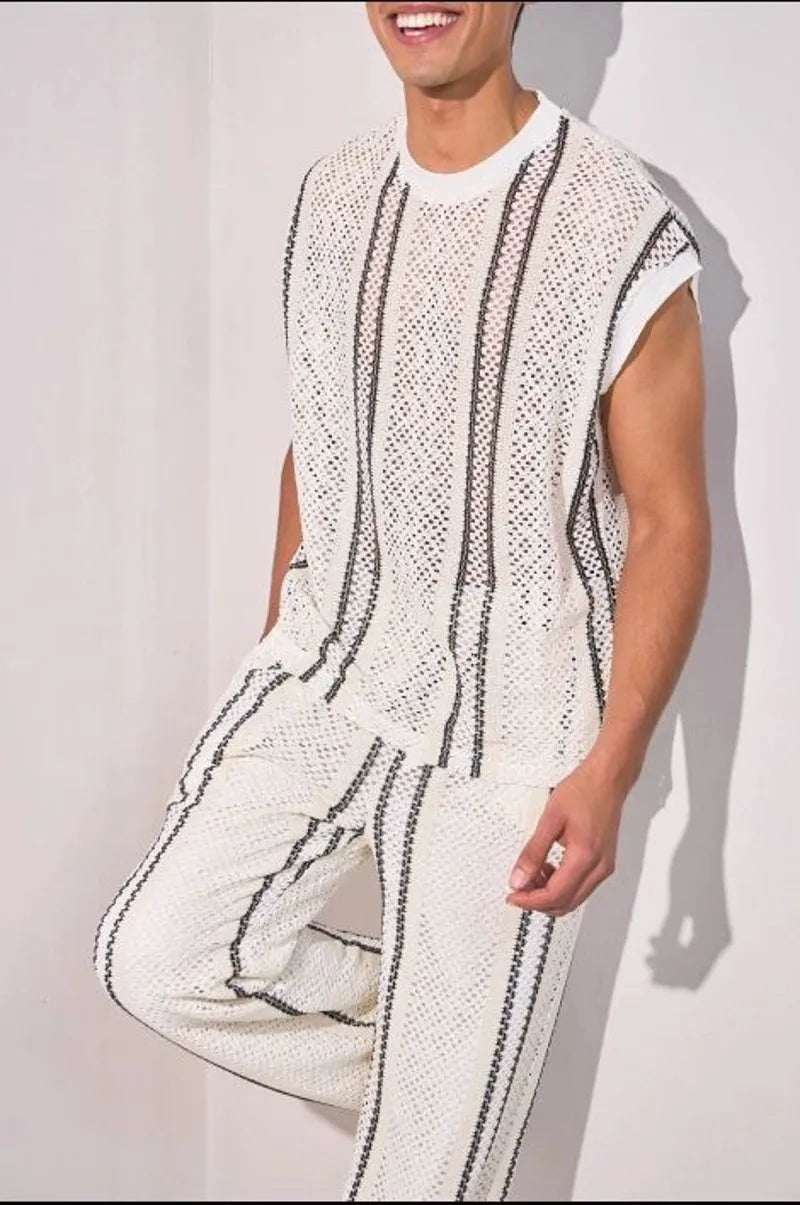 Two-piece knit ensemble: sleeveless top + white trousers