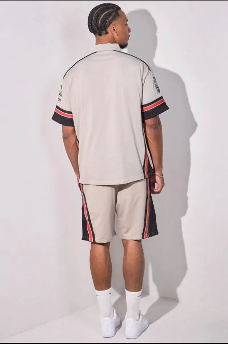Gray embroidered two-piece set with striped polo and shorts