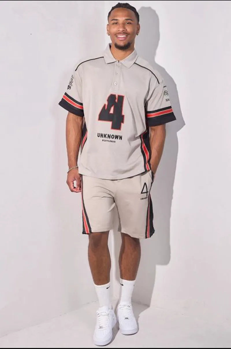 Gray embroidered two-piece set with striped polo and shorts