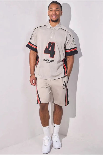 Gray embroidered two-piece set with striped polo and shorts