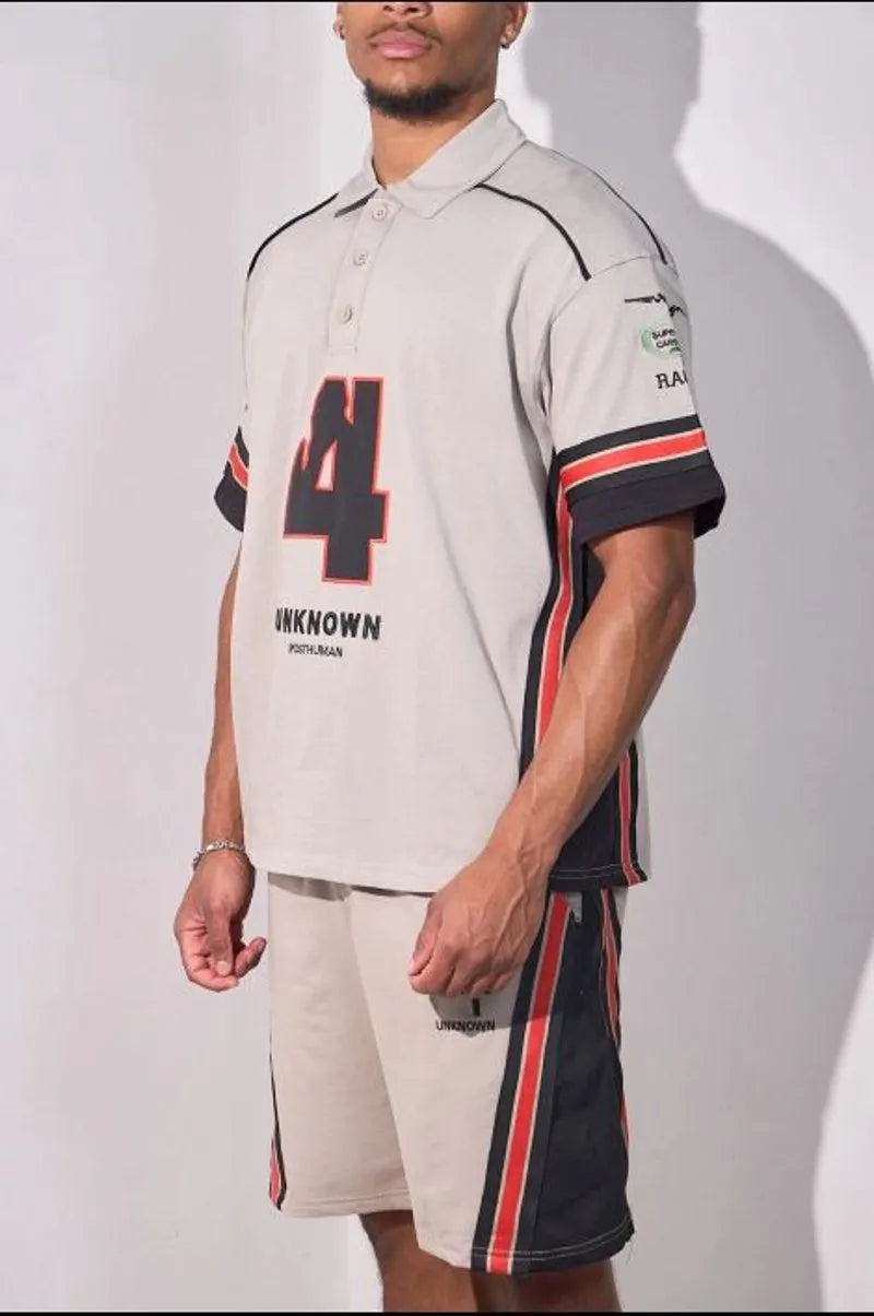Gray embroidered two-piece set with striped polo and shorts