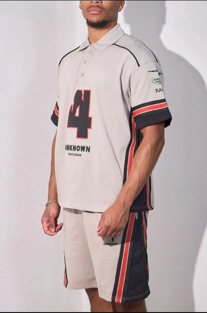 Gray embroidered two-piece set with striped polo and shorts
