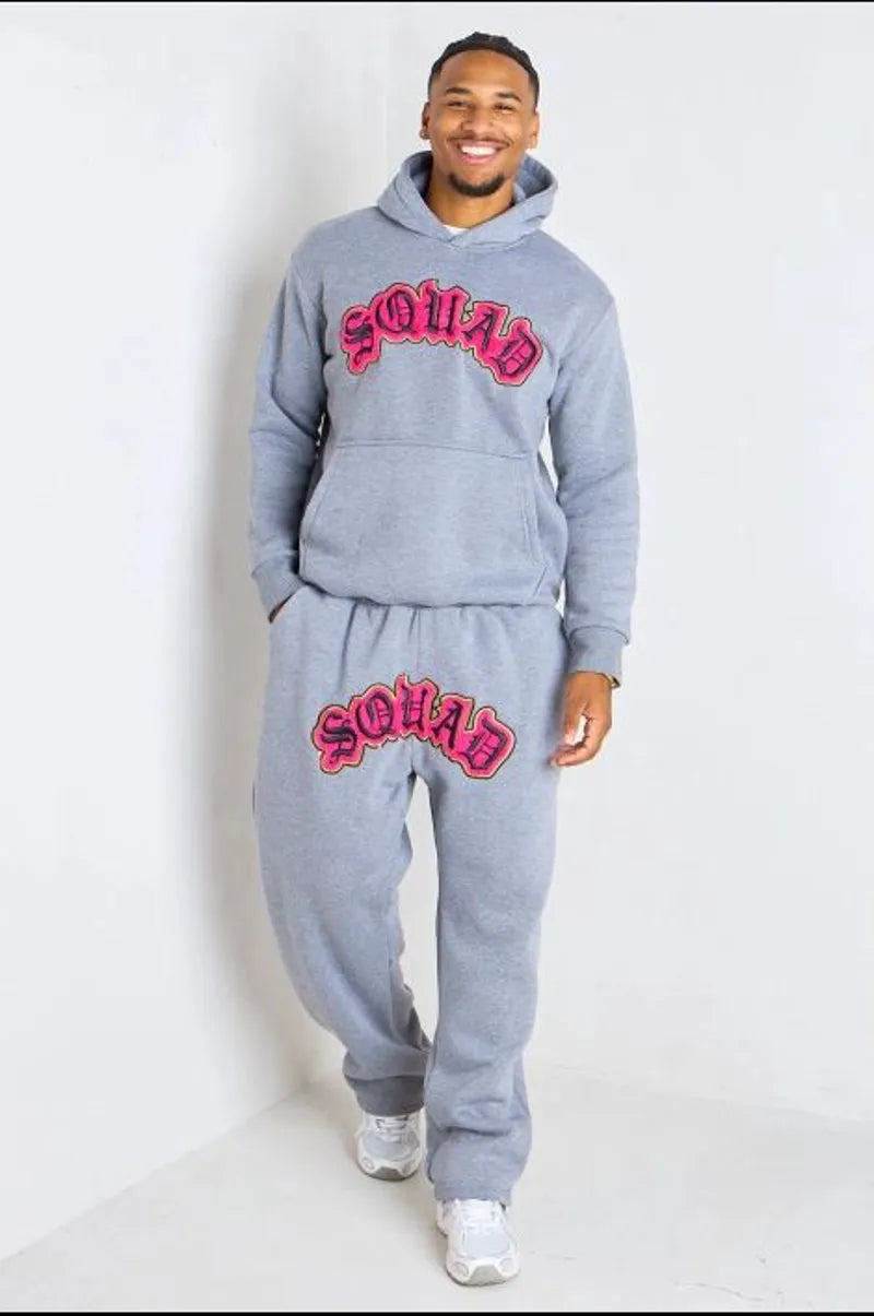 Embossed "squad" grey two-piece set: sweater + joggers