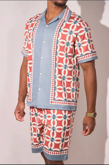 Two-piece ensemble in gray and red with geometric pattern shirt and shorts.