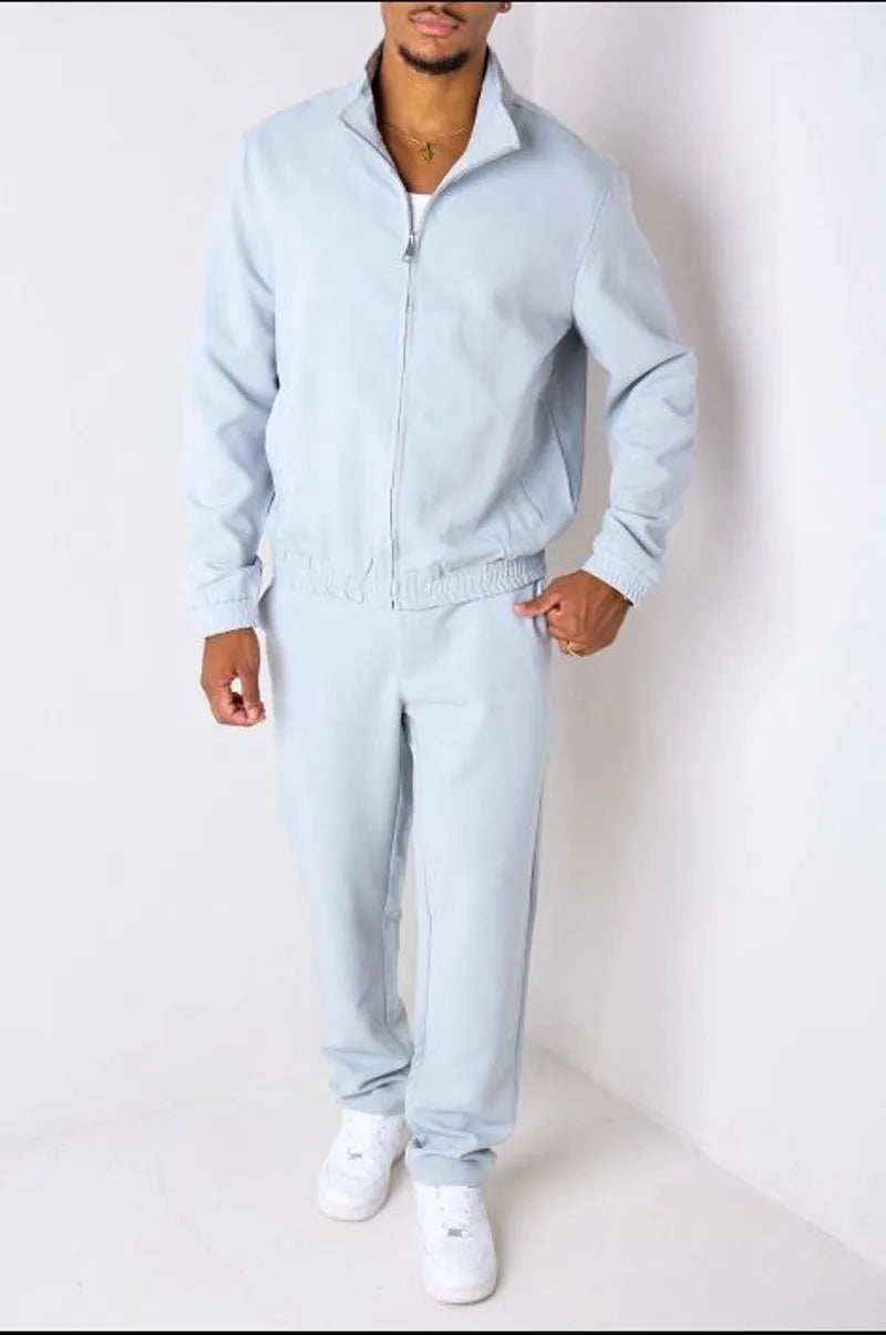 Two-piece ensemble: gray zip-up jacket + trousers