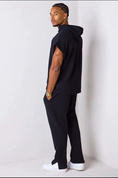 Two-piece set: hooded top + black trousers