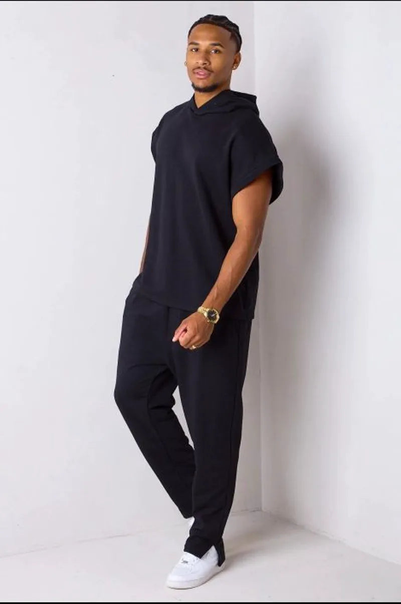 Two-piece set: hooded top + black trousers