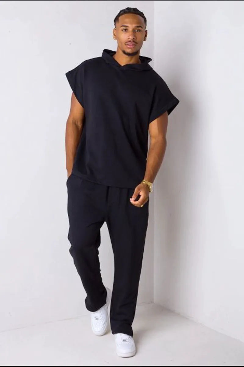 Two-piece set: hooded top + black trousers