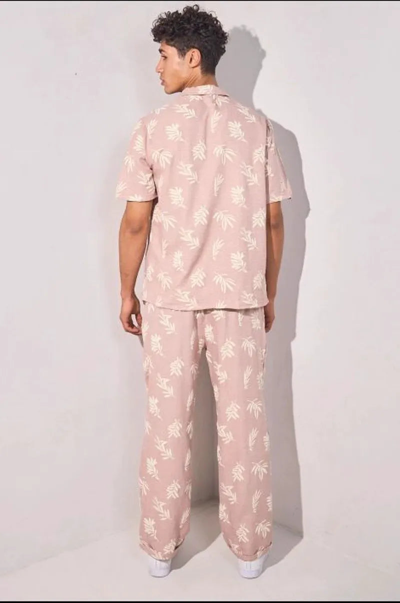 Two-piece set with leaf print shirt and pink trousers