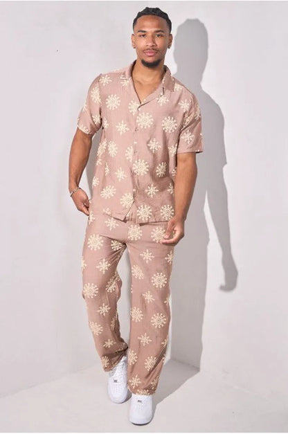 Floral print two-piece set: shirt + taupe trousers