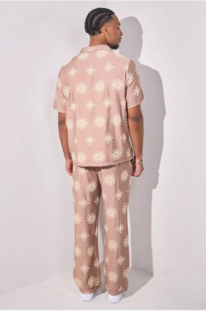Floral print two-piece set: shirt + taupe trousers