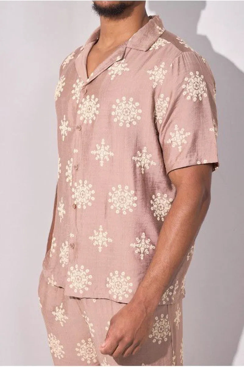 Floral print two-piece set: shirt + taupe trousers