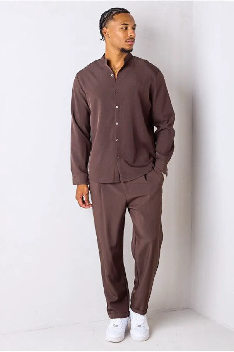 Brown two-piece set: crew neck shirt + trousers