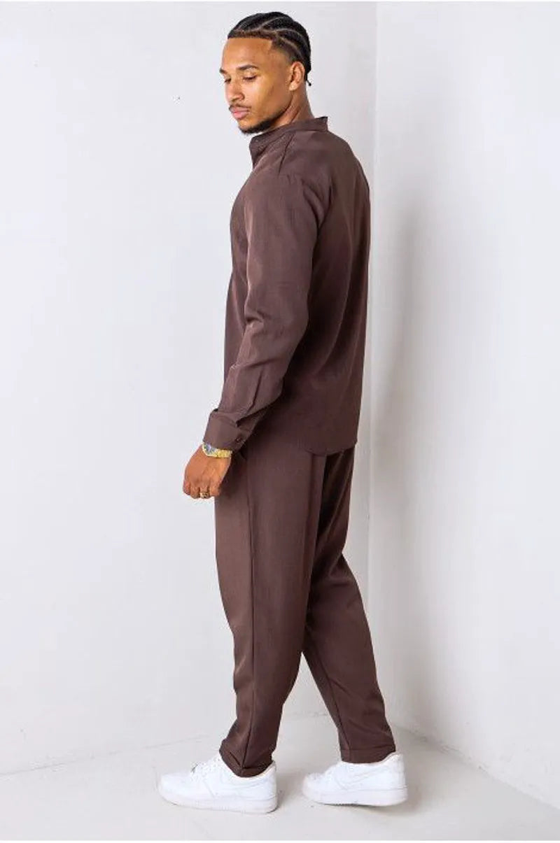 Brown two-piece set: crew neck shirt + trousers