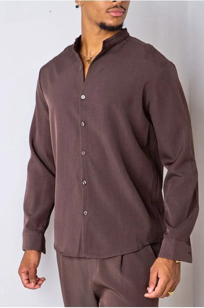 Brown two-piece set: crew neck shirt + trousers