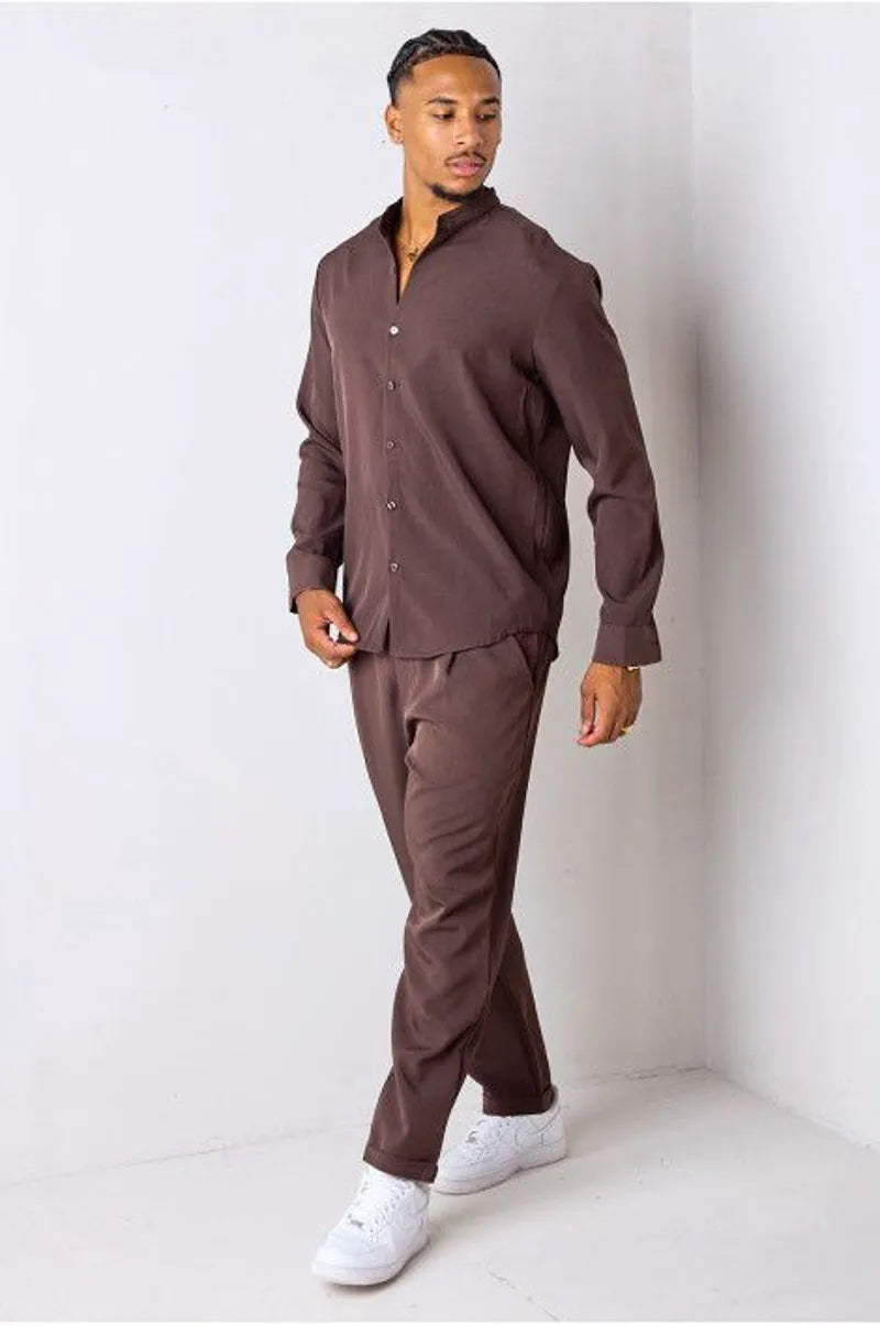 Brown two-piece set: crew neck shirt + trousers
