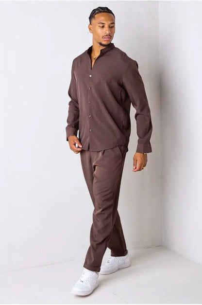 Brown two-piece set: crew neck shirt + trousers