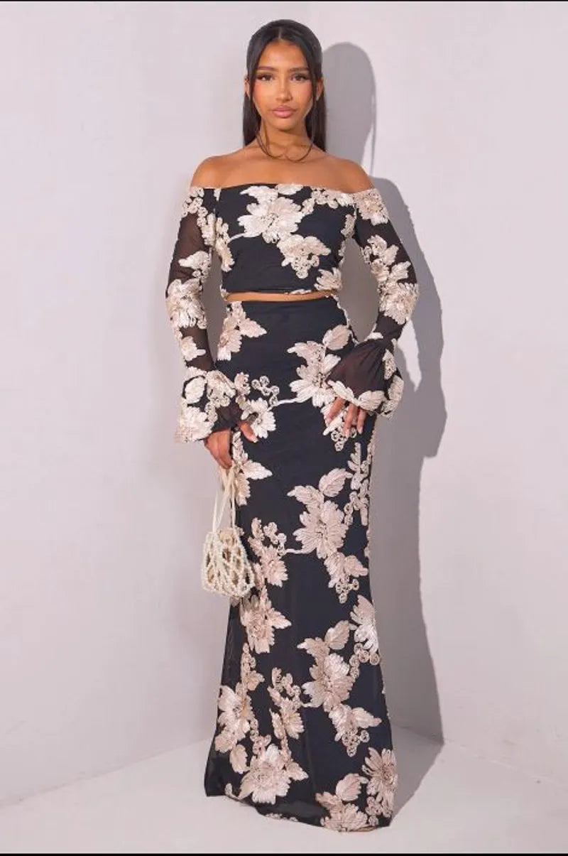 Black embroidered tulle two-piece set: top + maxi skirt