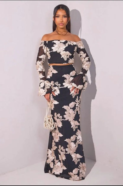 Black embroidered tulle two-piece set: top + maxi skirt
