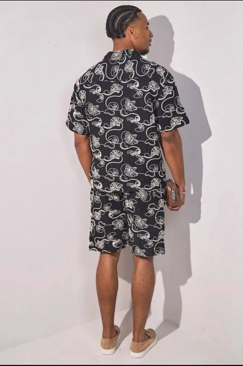 Black embroidered floral two-piece set: shirt + shorts