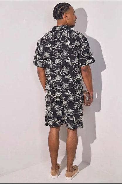 Black embroidered floral two-piece set: shirt + shorts