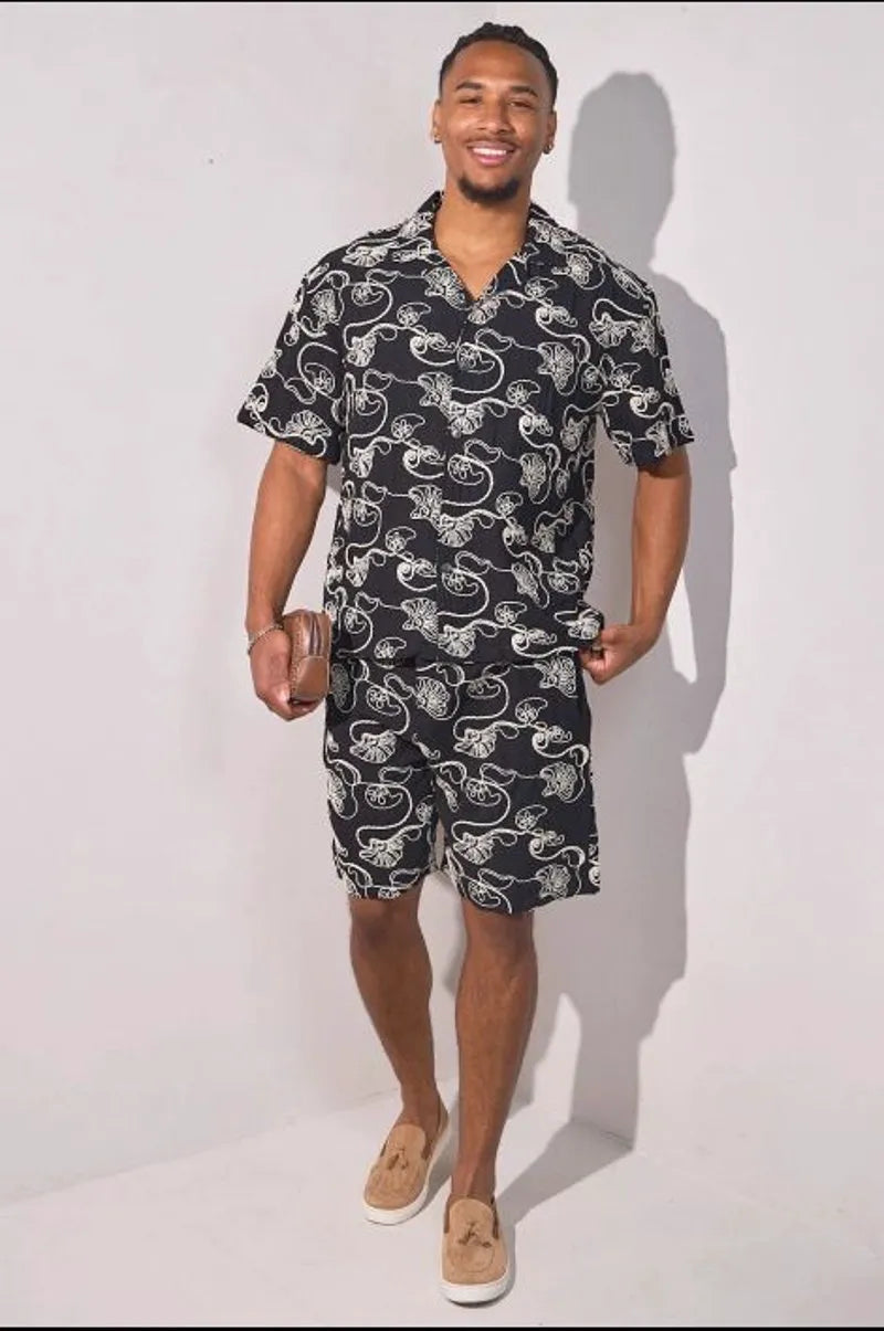 Black embroidered floral two-piece set: shirt + shorts