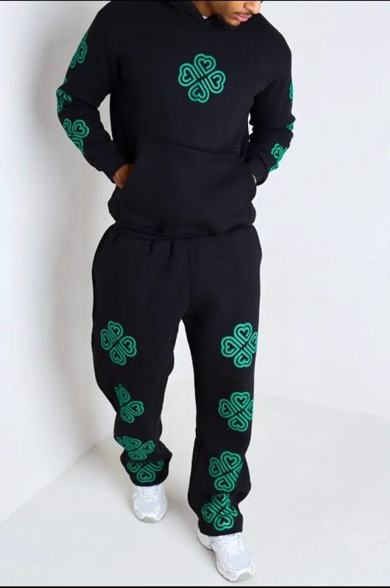 Black two-piece clover embroidered sweater and jogger set