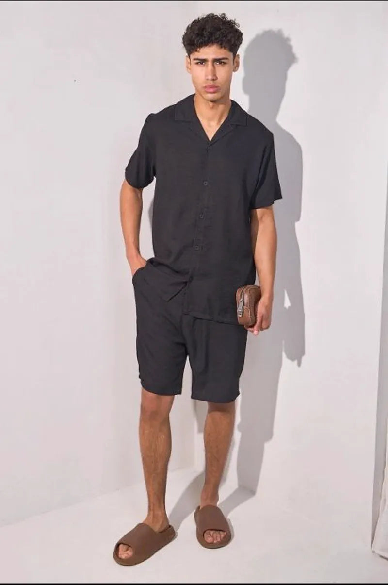 Black linen-effect two-piece set: shirt + shorts