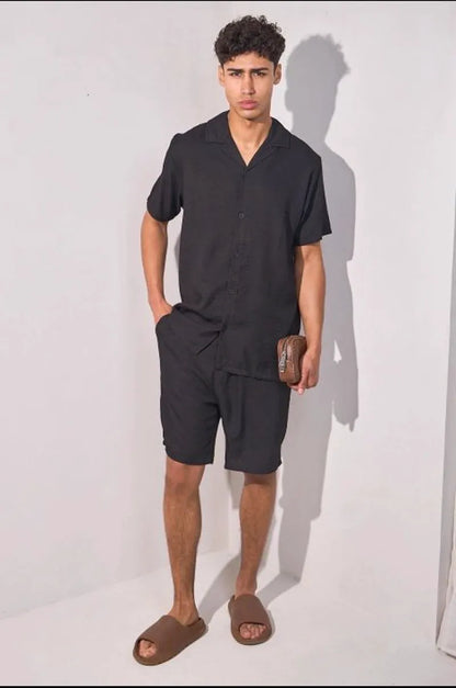 Black linen-effect two-piece set: shirt + shorts