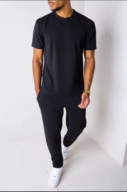 Black piqué knit two-piece set: top + trousers