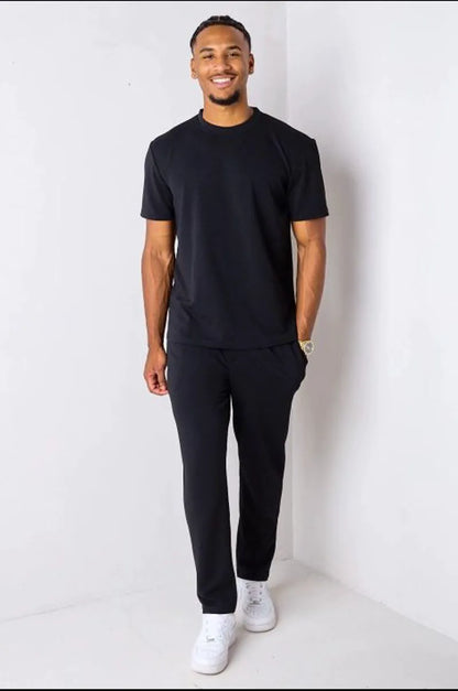 Black piqué knit two-piece set: top + trousers