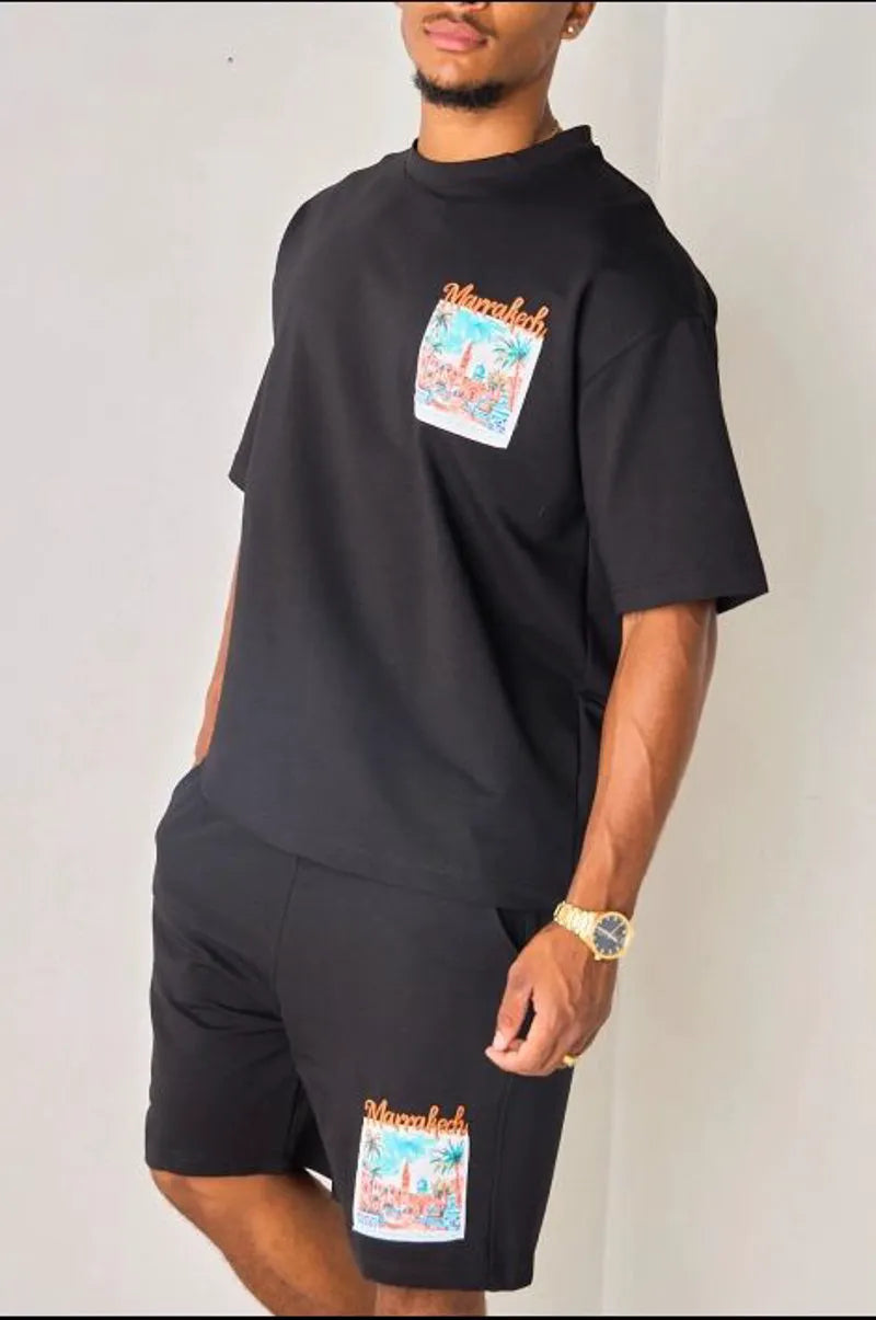 Two-piece black and orange "marrakech" t-shirt and shorts set