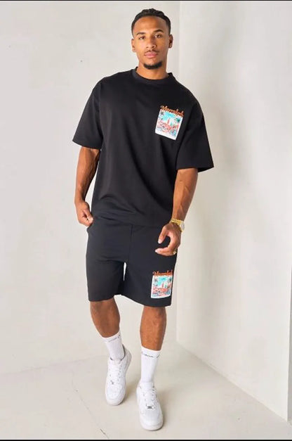 Two-piece black and orange "marrakech" t-shirt and shorts set