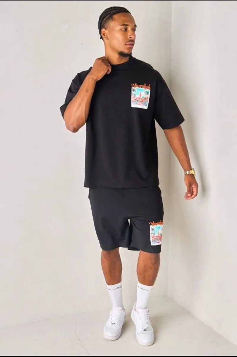 Two-piece black and orange "marrakech" t-shirt and shorts set