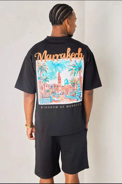 Two-piece black and orange "marrakech" t-shirt and shorts set