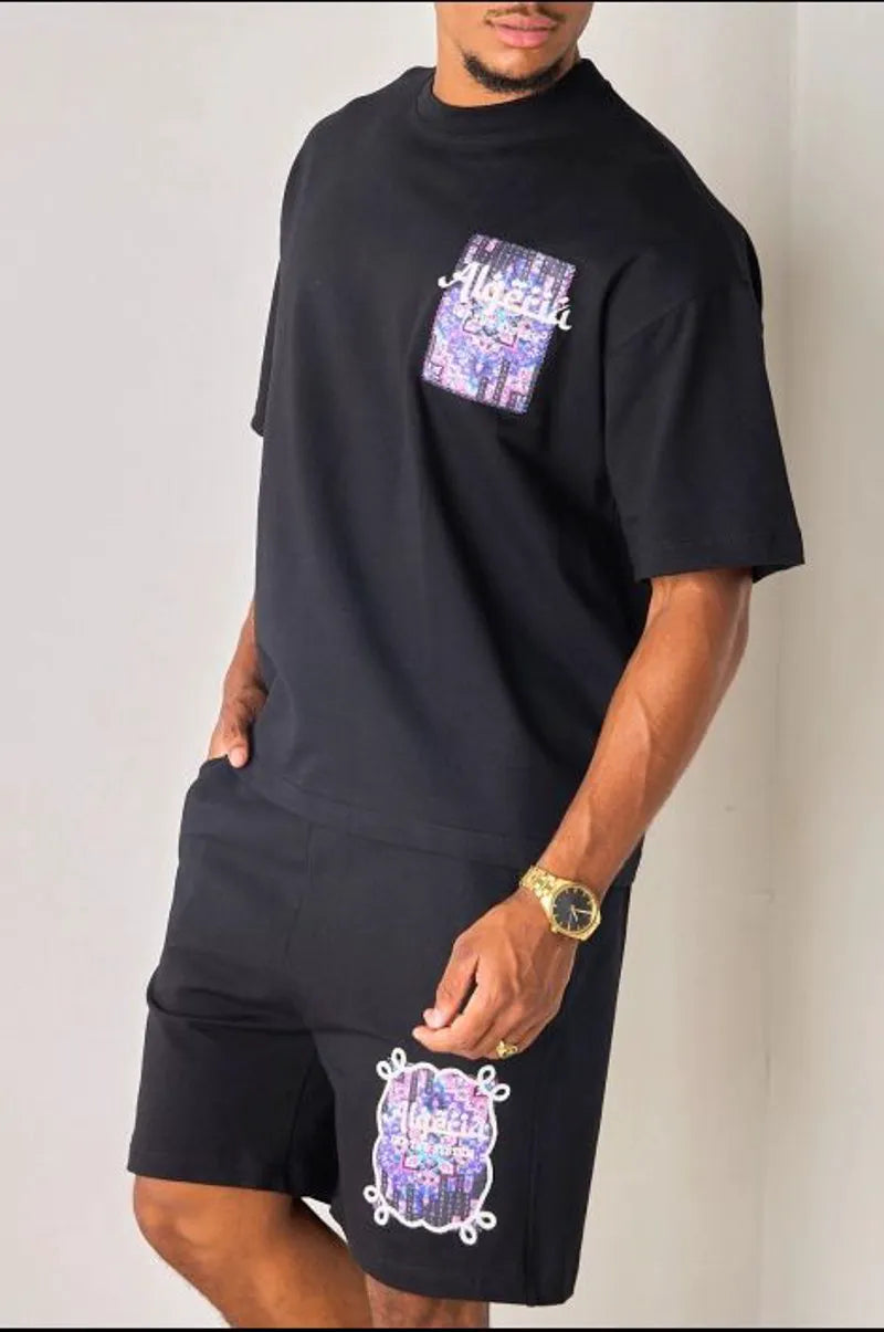 Black and purple "algeria" two-piece set: t-shirt + shorts