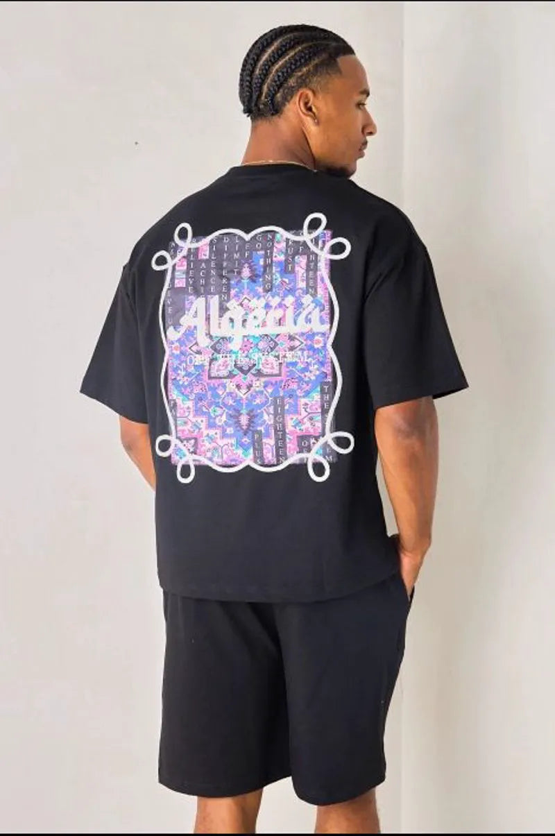 Black and purple "algeria" two-piece set: t-shirt + shorts
