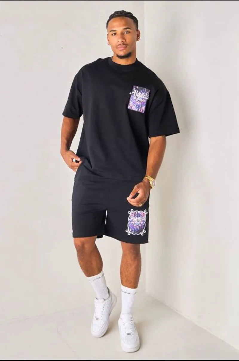 Black and purple "algeria" two-piece set: t-shirt + shorts